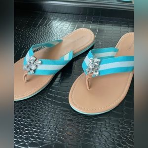 Lands End Blue/White Striped Embellished Flip Flop Sandals